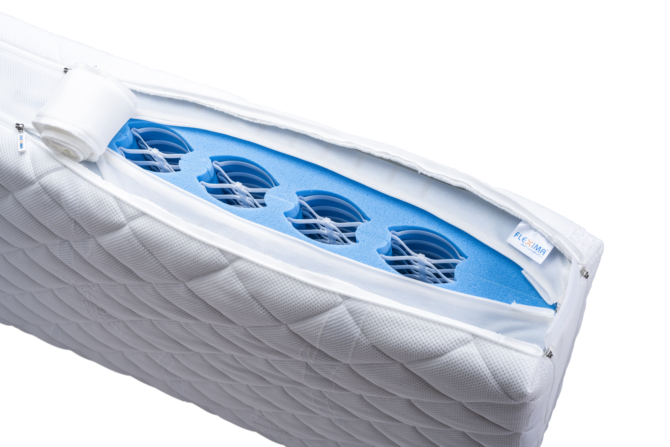 Close-up of patented Flexima plastic spring elements inside the foam core, creating active air ventilation and support.